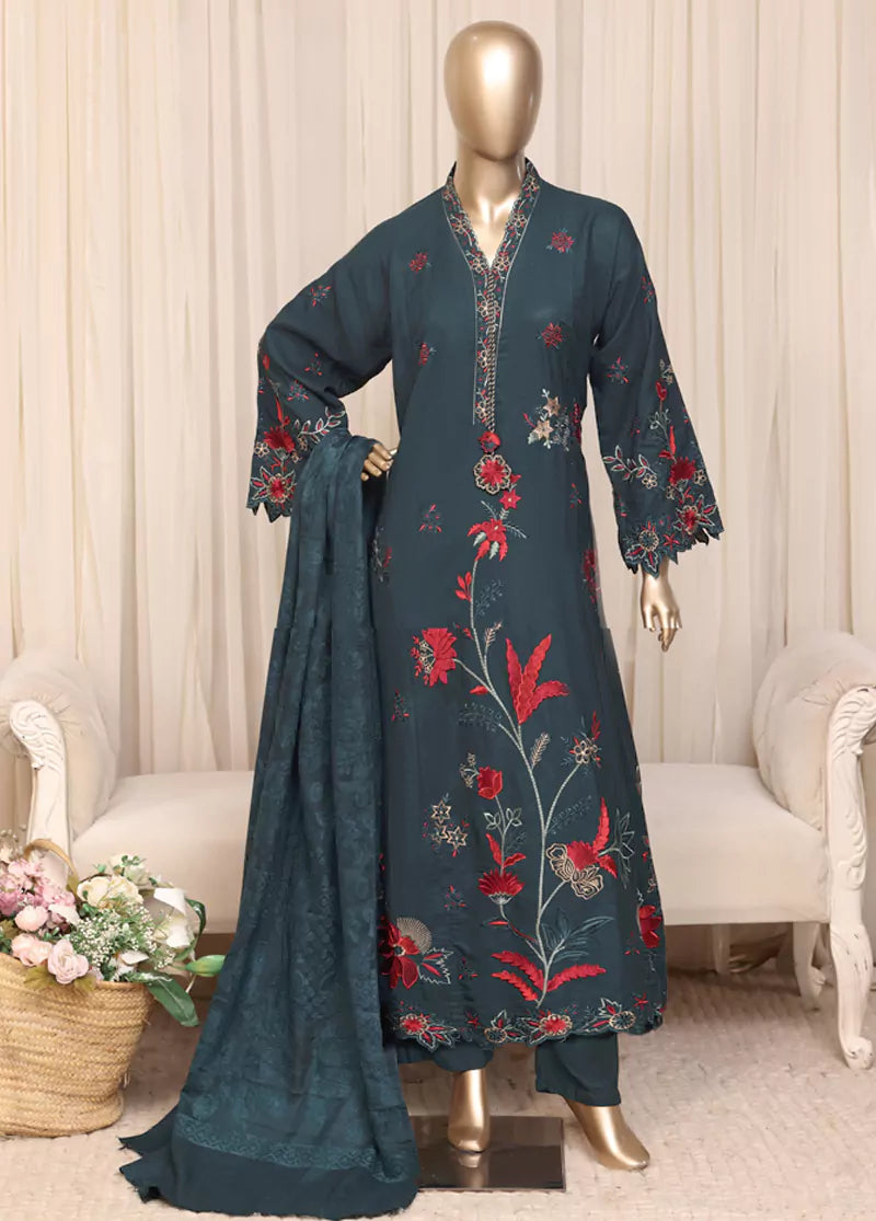 3 Piece Printed Stitched Peacock Green Color Slub Viscose Kaftan with Trouser & Dupatta