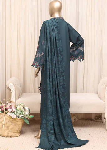 3 Piece Printed Stitched Peacock Green Color Slub Viscose Kaftan with Trouser & Dupatta