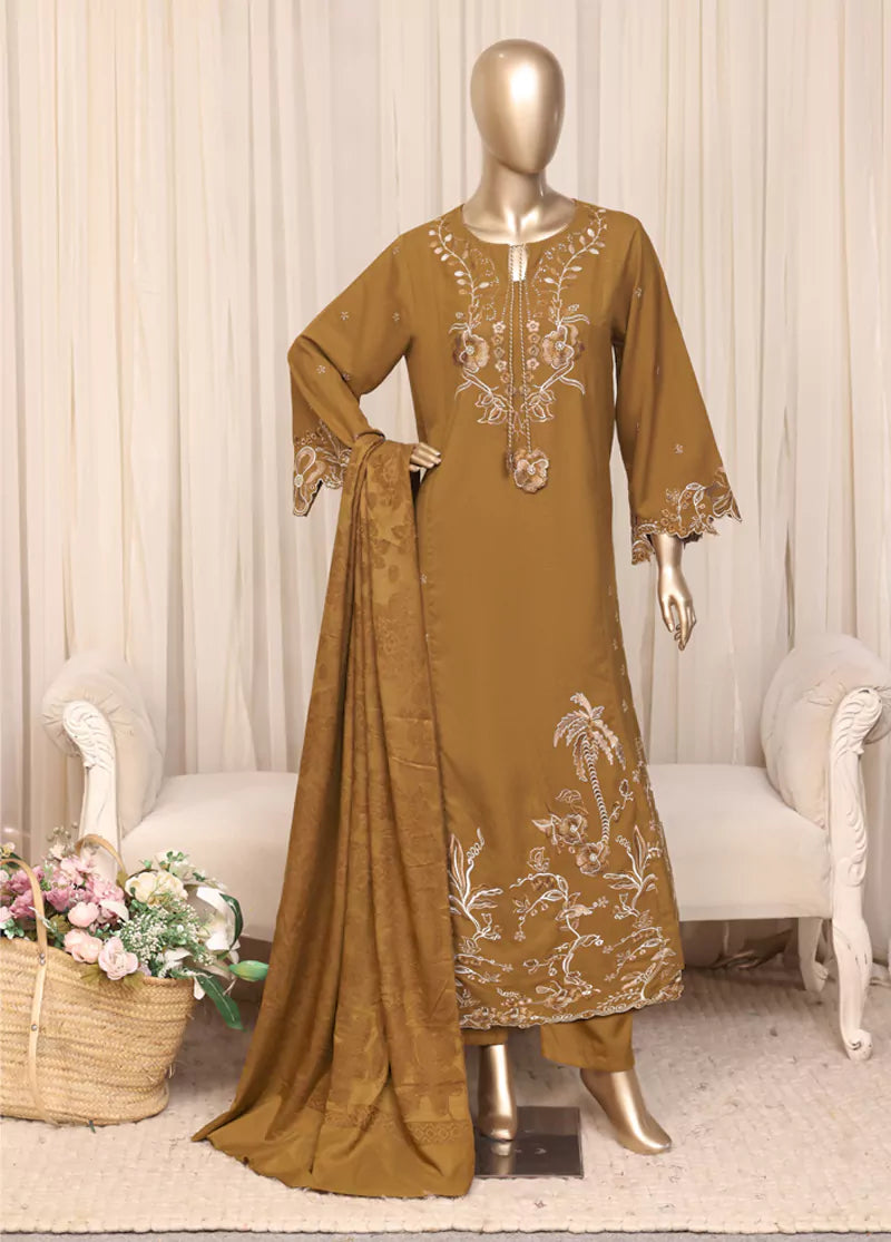 3 Piece Printed Stitched Dark Mustard Color Slub Viscose Kaftan with Trouser & Dupatta