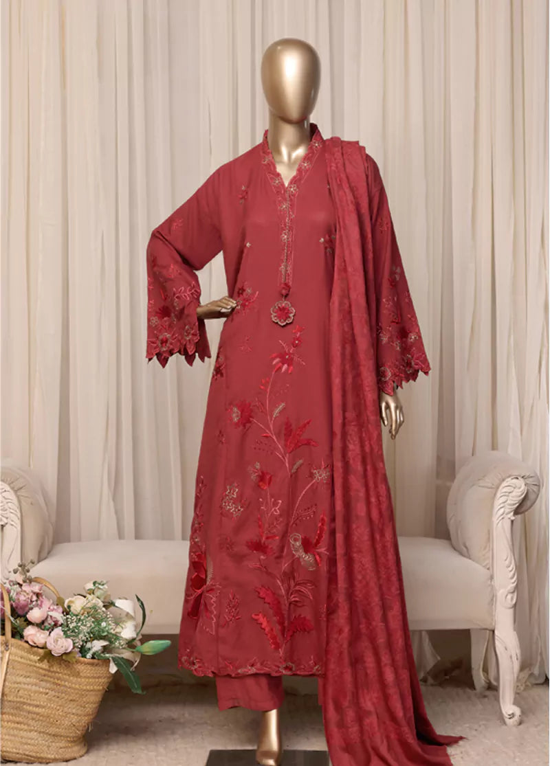 3 Piece Printed Stitched Ruby Red Color Slub Viscose Kaftan with Trouser & Dupatta