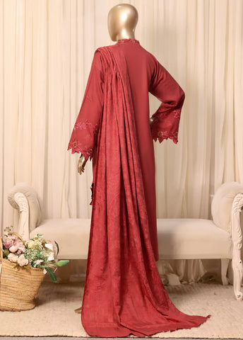 3 Piece Printed Stitched Ruby Red Color Slub Viscose Kaftan with Trouser & Dupatta