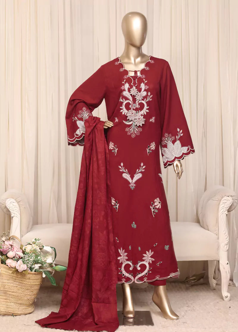 3 Piece Printed Stitched Deep Red Color Slub Viscose Kaftan with Trouser & Dupatta