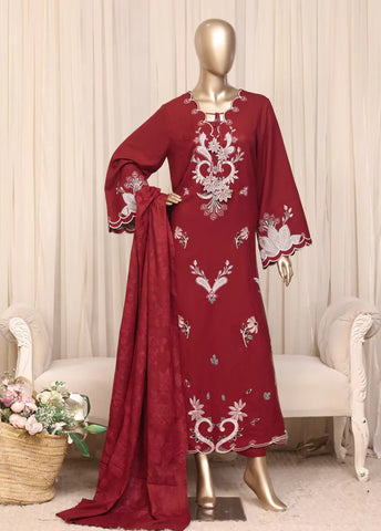 3 Piece Printed Stitched Deep Red Color Slub Viscose Kaftan with Trouser & Dupatta
