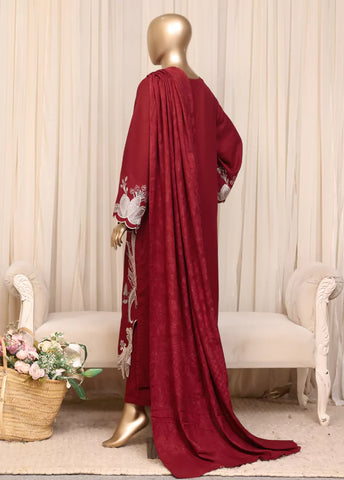 3 Piece Printed Stitched Deep Red Color Slub Viscose Kaftan with Trouser & Dupatta