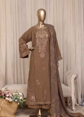 3 Piece Printed Stitched Brown Color Slub Viscose Kaftan with Trouser & Dupatta