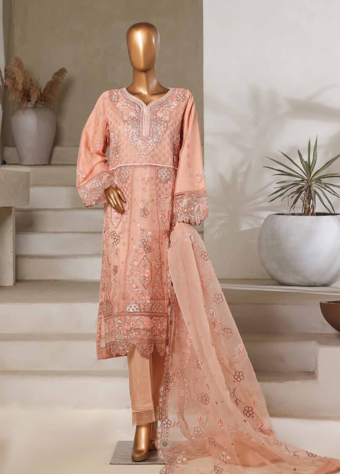 Bin Saeed Fabric - STS-003 M- 3 Piece Organza Stitched Suit