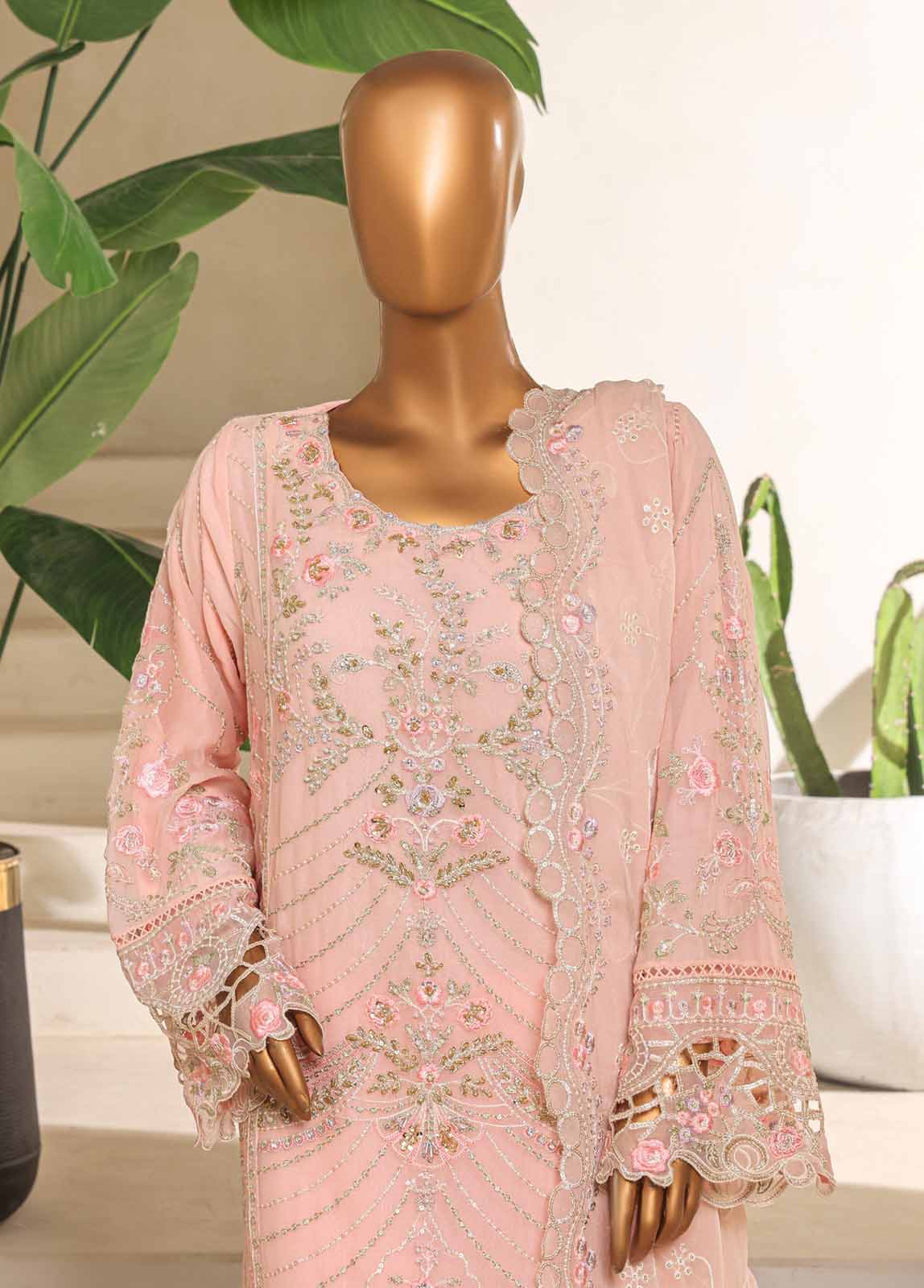 STS-007 U- 3 Piece Organza Stitched Suit