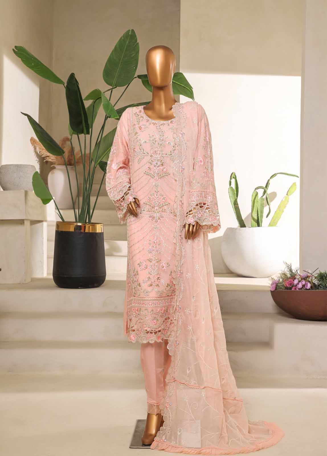 STS-007 U- 3 Piece Organza Stitched Suit