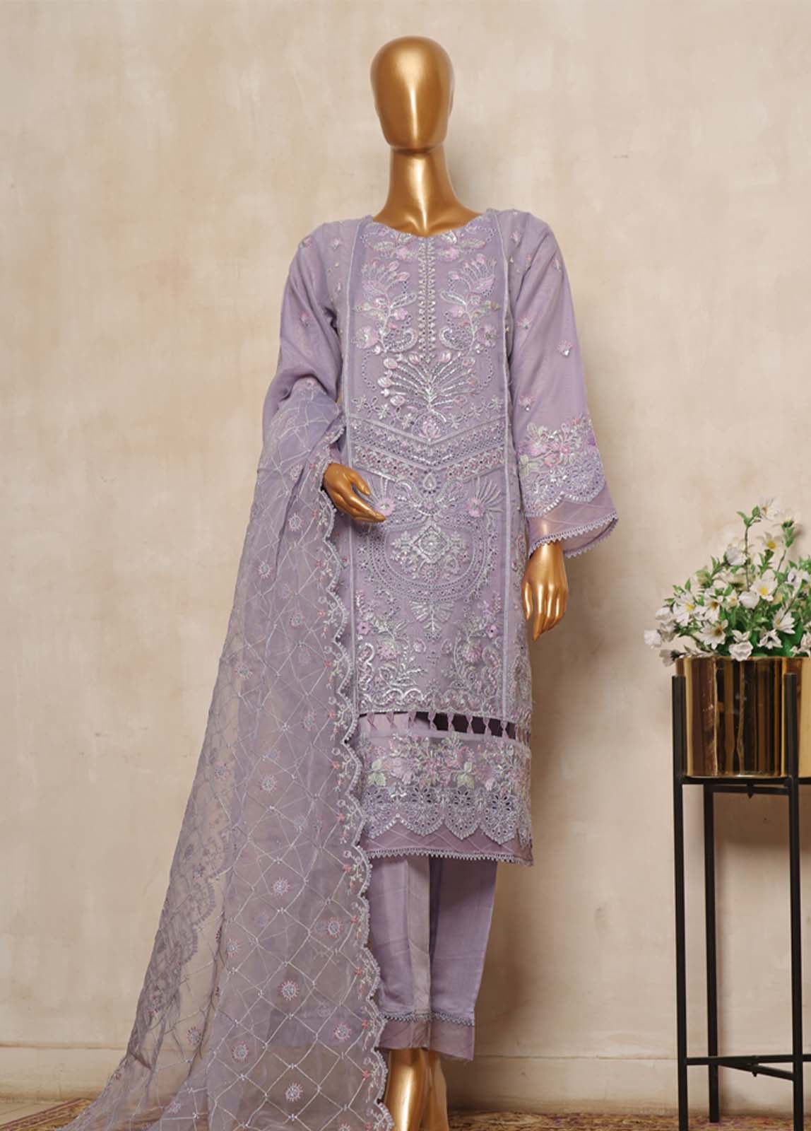 Bin Saeed Fabric - STS-008- 3 Piece Embroidered Organza