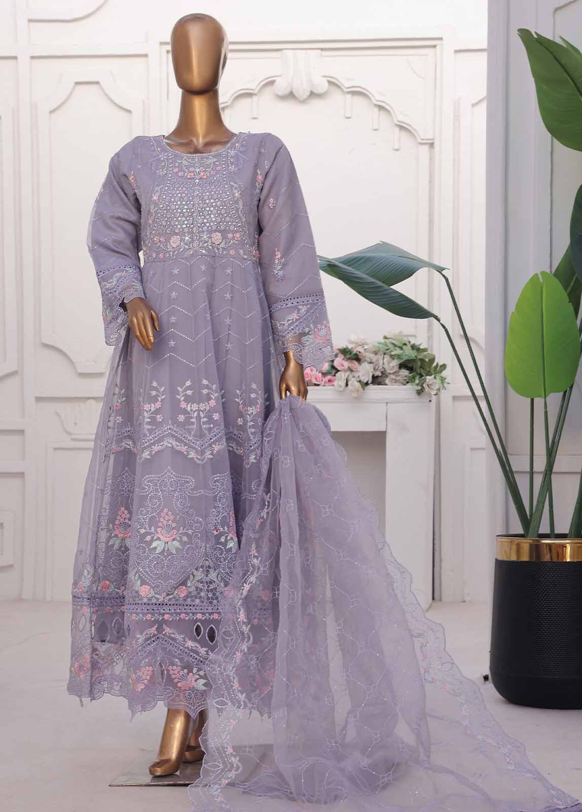 Bin Saeed Fabric - STS-008 M- 3 Piece Frock Style Chiffon Stitched Suit