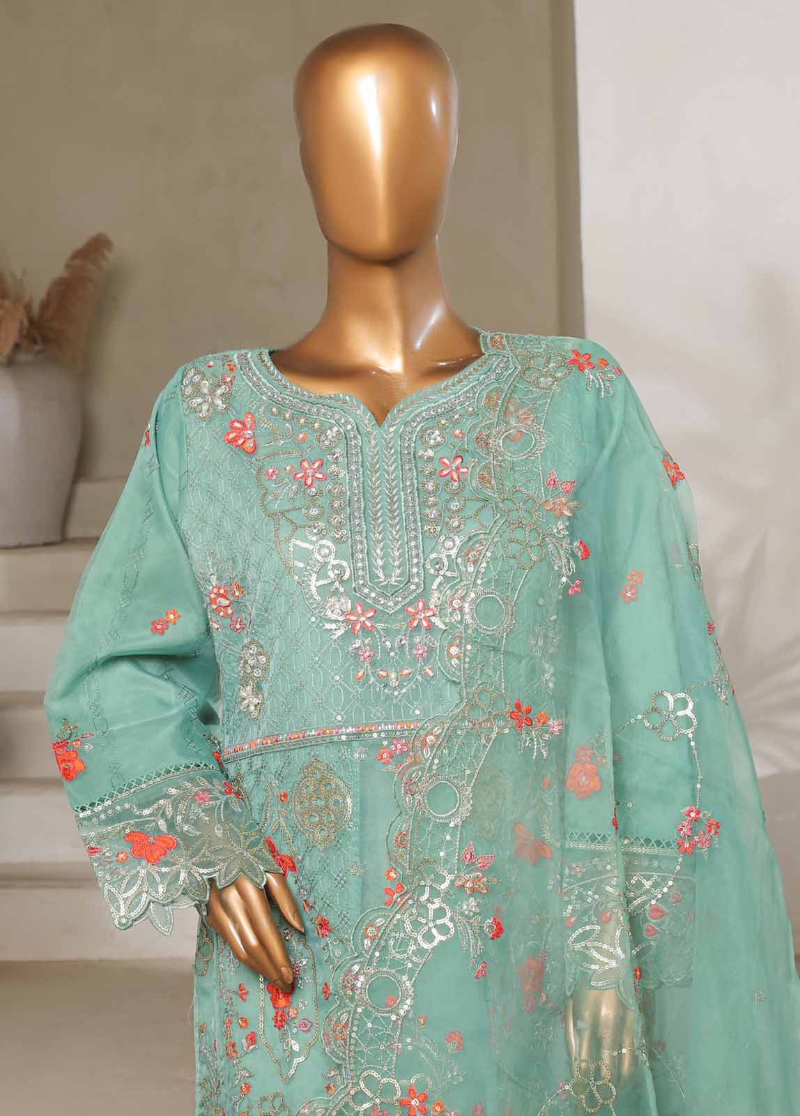 Bin Saeed Fabric - STS-010 M- 3 Piece Organza Stitched Suit
