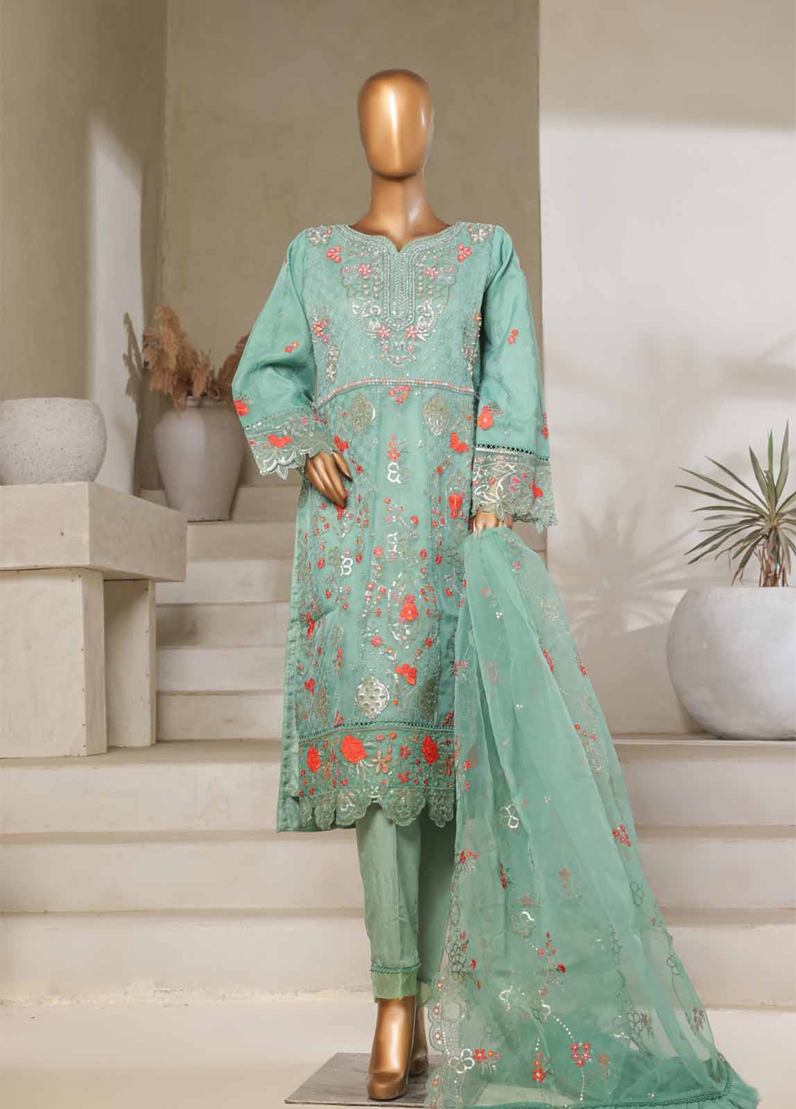 Bin Saeed Fabric - STS-010 M- 3 Piece Organza Stitched Suit