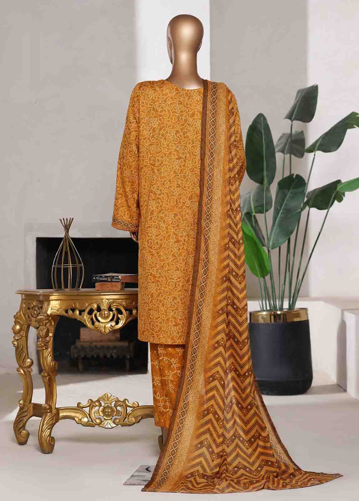 WC-02528- 3 Piece Printed Cotton Stitched Suit