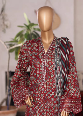 3 Piece Embroidered Red Cotton Suit with Farshi Shalwar & Dupatta