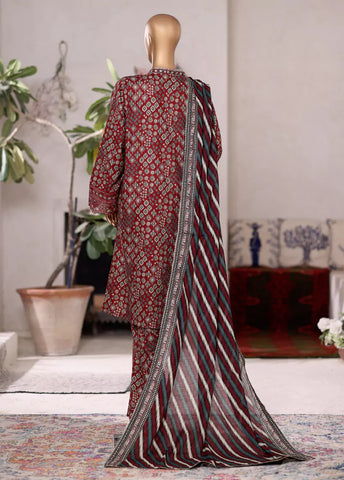 3 Piece Embroidered Red Cotton Suit with Farshi Shalwar & Dupatta