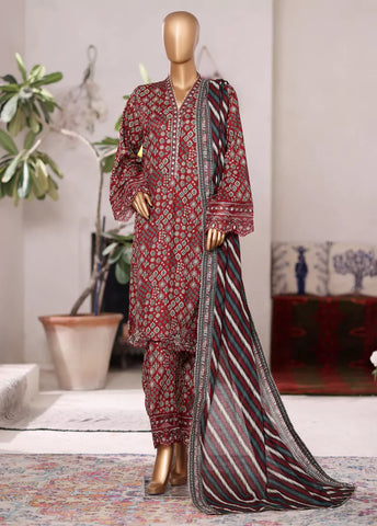 3 Piece Embroidered Red Cotton Suit with Farshi Shalwar & Dupatta