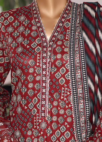 3 Piece Embroidered Red Cotton Suit with Farshi Shalwar & Dupatta