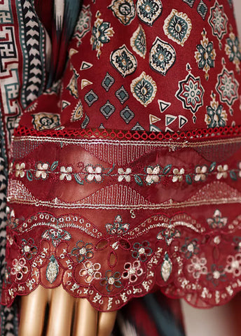 3 Piece Embroidered Red Cotton Suit with Farshi Shalwar & Dupatta