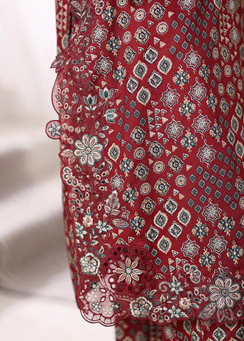 3 Piece Embroidered Red Cotton Suit with Farshi Shalwar & Dupatta