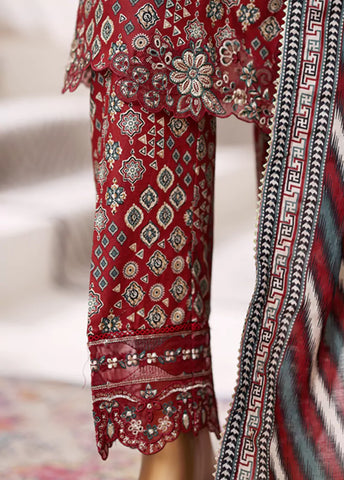 3 Piece Embroidered Red Cotton Suit with Farshi Shalwar & Dupatta