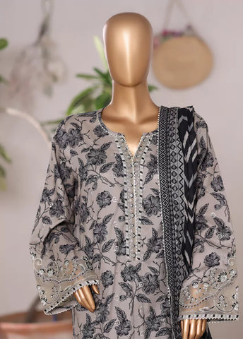 3 Piece Embroidered Steel Grey Cotton Suit with Farshi Shalwar & Dupatta