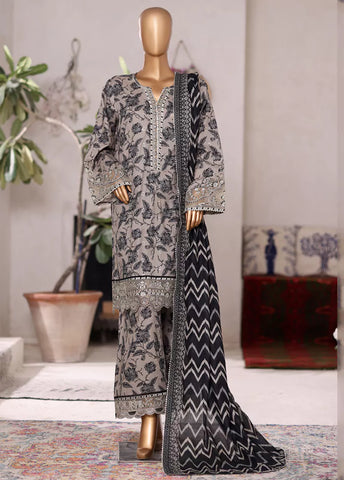 3 Piece Embroidered Steel Grey Cotton Suit with Farshi Shalwar & Dupatta