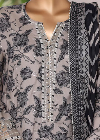 3 Piece Embroidered Steel Grey Cotton Suit with Farshi Shalwar & Dupatta