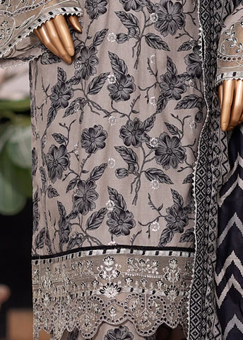 3 Piece Embroidered Steel Grey Cotton Suit with Farshi Shalwar & Dupatta