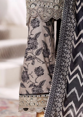 3 Piece Embroidered Steel Grey Cotton Suit with Farshi Shalwar & Dupatta