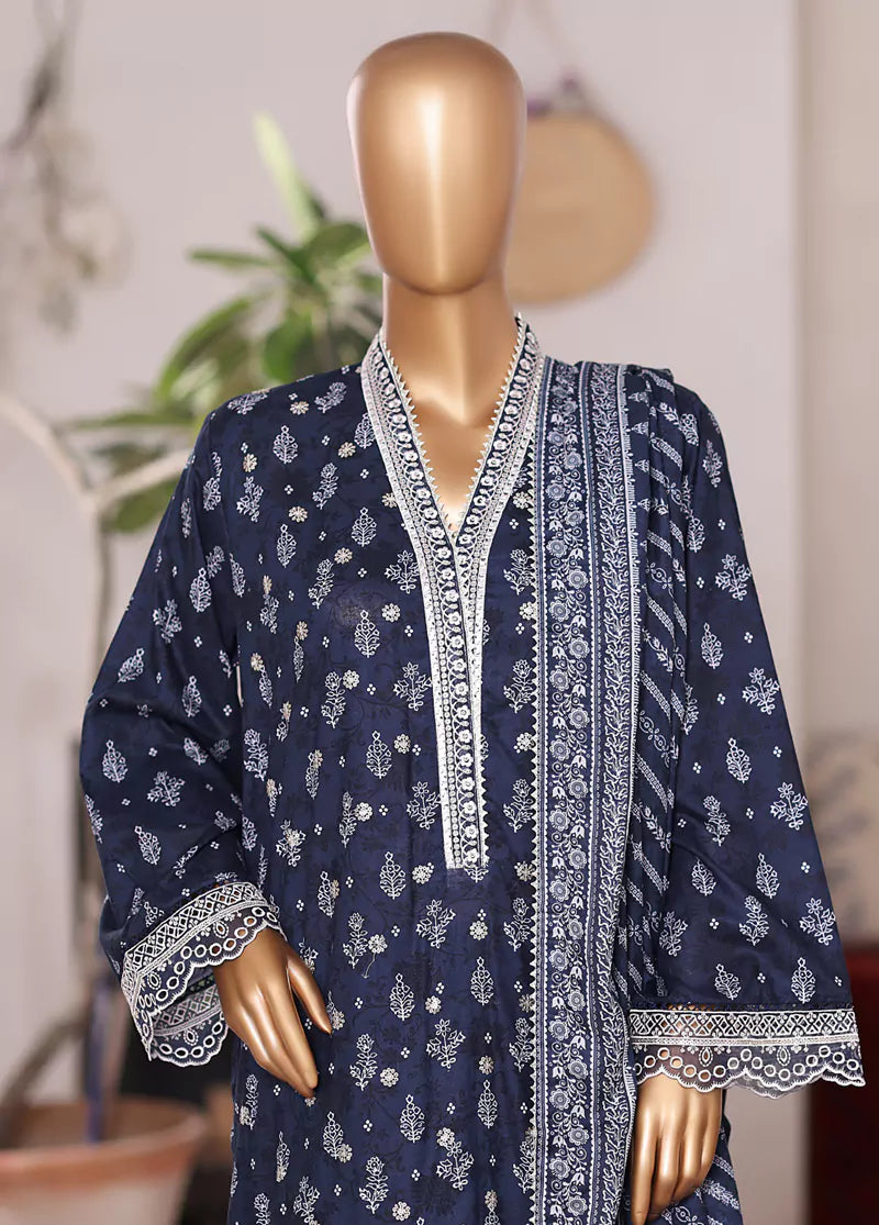 3 Piece Embroidered Navy Blue Cotton Suit with Farshi Shalwar & Dupata