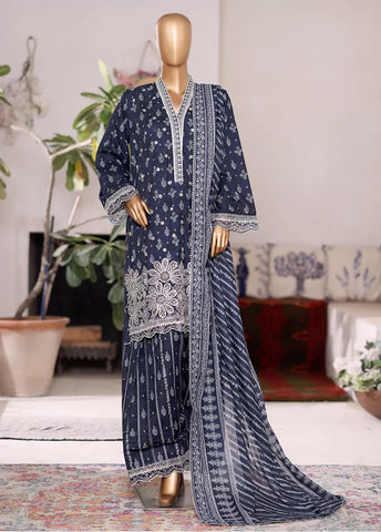 3 Piece Embroidered Navy Blue Cotton Suit with Farshi Shalwar & Dupata
