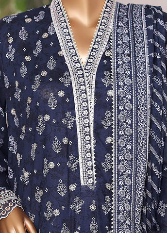 3 Piece Embroidered Navy Blue Cotton Suit with Farshi Shalwar & Dupata