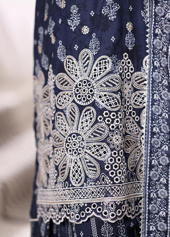 3 Piece Embroidered Navy Blue Cotton Suit with Farshi Shalwar & Dupata