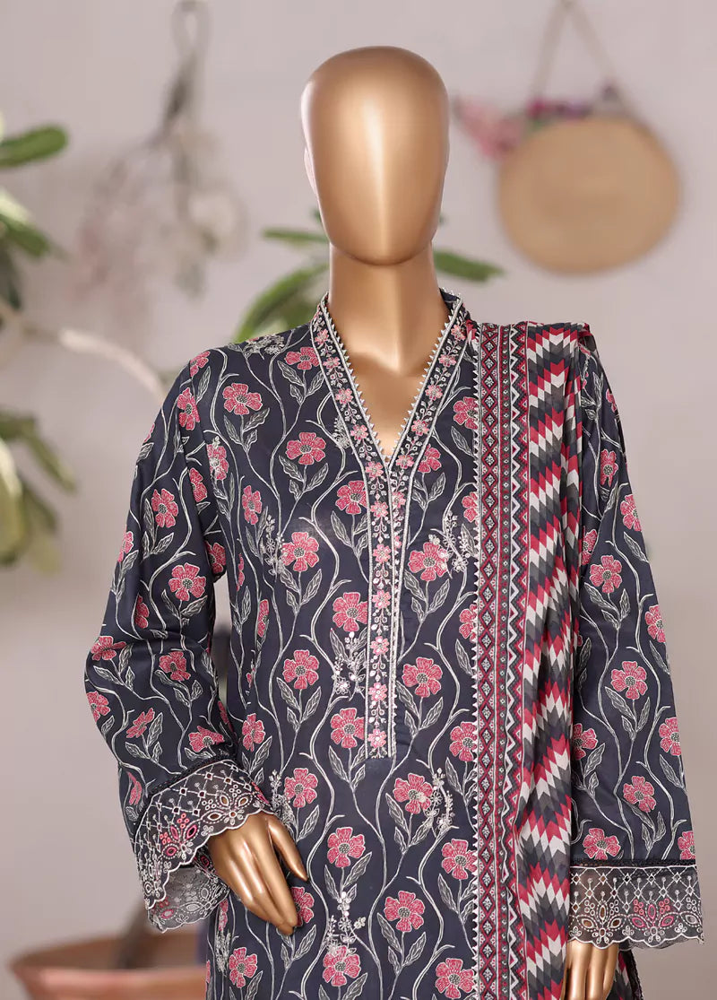 3 Piece Embroidered MultiColor Cotton Suit with Farshi Shalwar & Dupatta