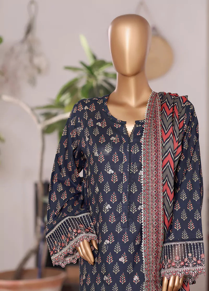 3 Piece Embroidered MultiColor Cotton Suit with Farshi Shalwar & Dupatta