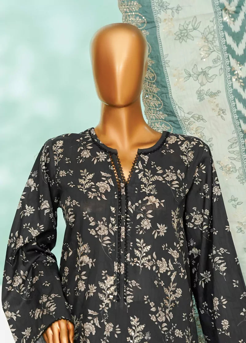 3 Piece Black Color Chikankari Lawn Shirt with Trouser & Embroidered Dupatta