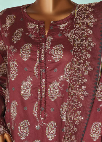 3 Piece Maroon Color Chikankari Lawn Shirt with Trouser & Embroidered Dupatta