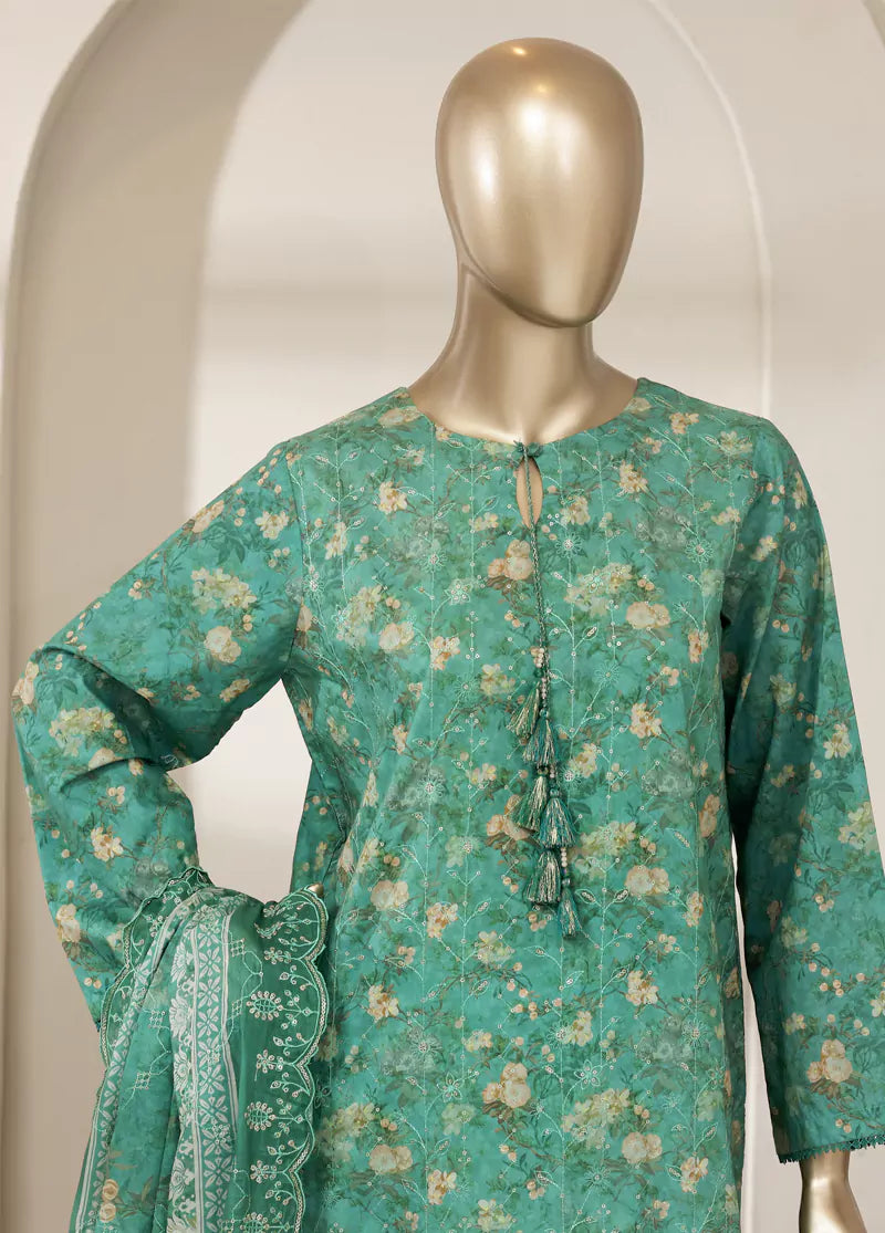 3 Piece Turquoise Color Embroidered Lawn Shirt with Trouser & Embroidered Dupatta