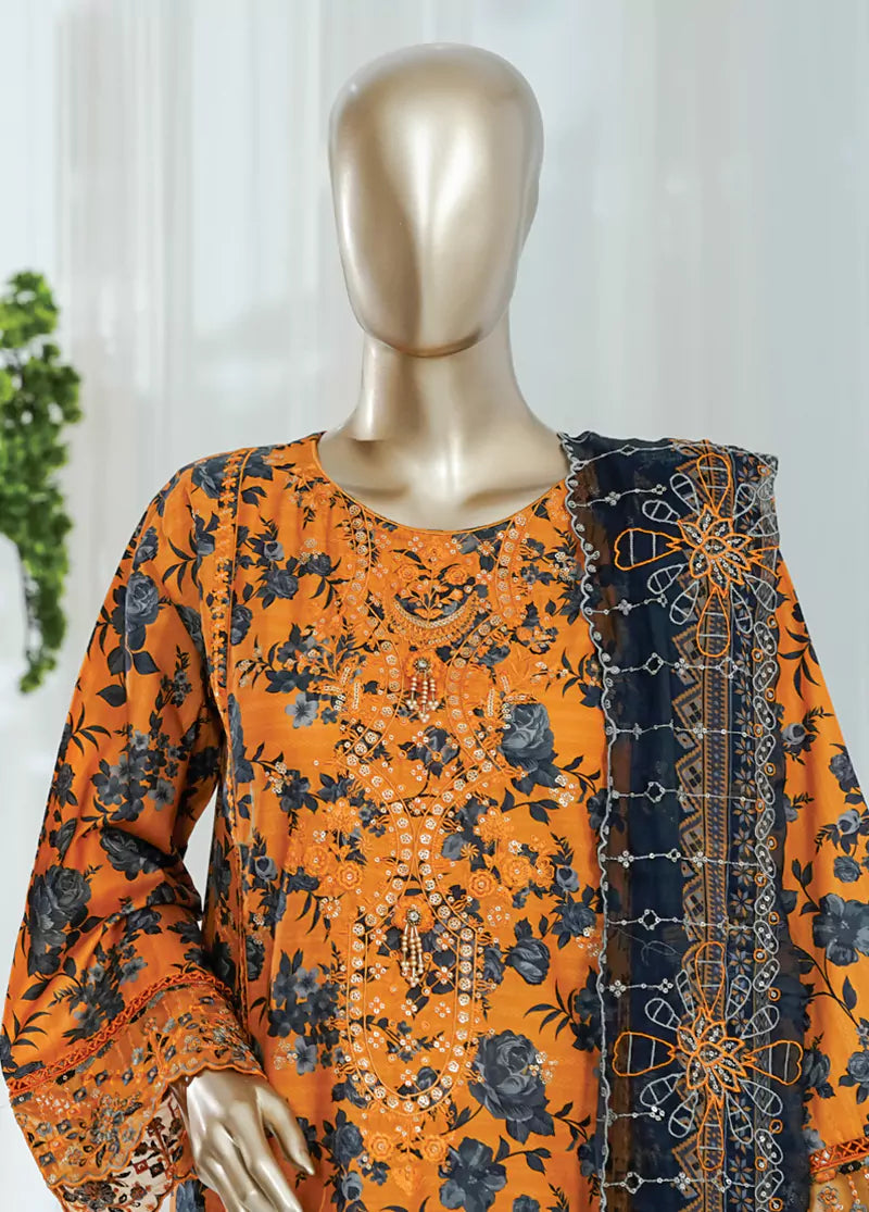 3 Piece Orange Color Embroidered Lawn Shirt with Trouser & Embroidered Dupatta