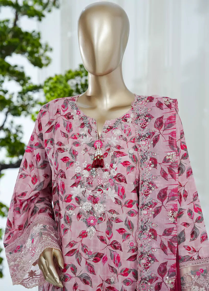3 Piece Pink Color Embroidered Lawn Shirt with Embroidered Trouser & Dupatta