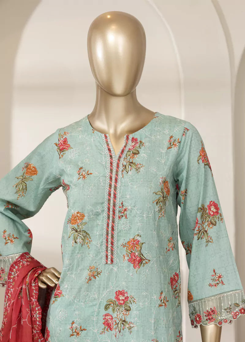 3 Piece Pastel Blue Color Embroidered Lawn Shirt with Trouser & Embroidered Dupatta
