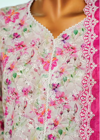 3 Piece Pink Color Chikankari Lawn Shirt with Trouser & Embroidered Dupatta