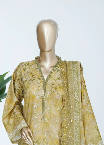 3 Piece Citrine Yellow Color Embroidered Lawn Shirt with Trouser & Embroidered Dupatta