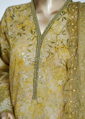 3 Piece Citrine Yellow Color Embroidered Lawn Shirt with Trouser & Embroidered Dupatta