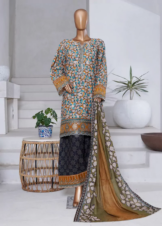 WCEMB-2516-F- 3 Piece Embroidered Cotton Stitched Suit