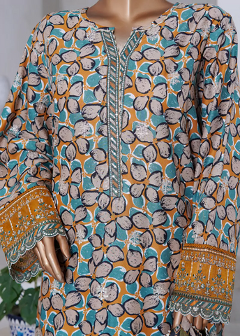 WCEMB-2516-F- 3 Piece Embroidered Cotton Stitched Suit