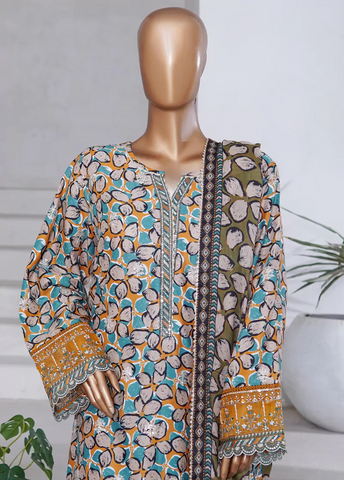 WCEMB-2516-F- 3 Piece Embroidered Cotton Stitched Suit