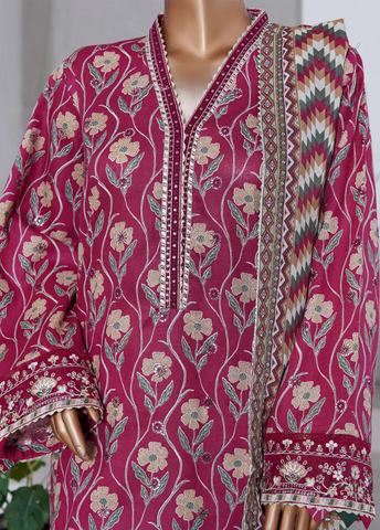 WCEMB-2519-F- 3 Piece Embroidered Cotton Stitched Suit