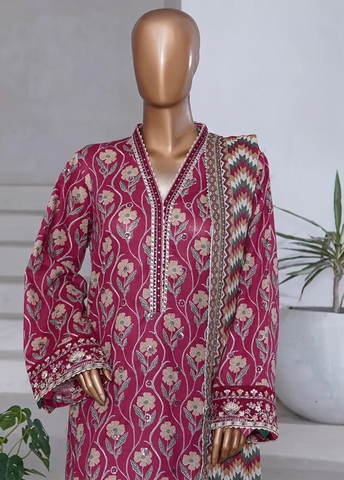WCEMB-2519-F- 3 Piece Embroidered Cotton Stitched Suit