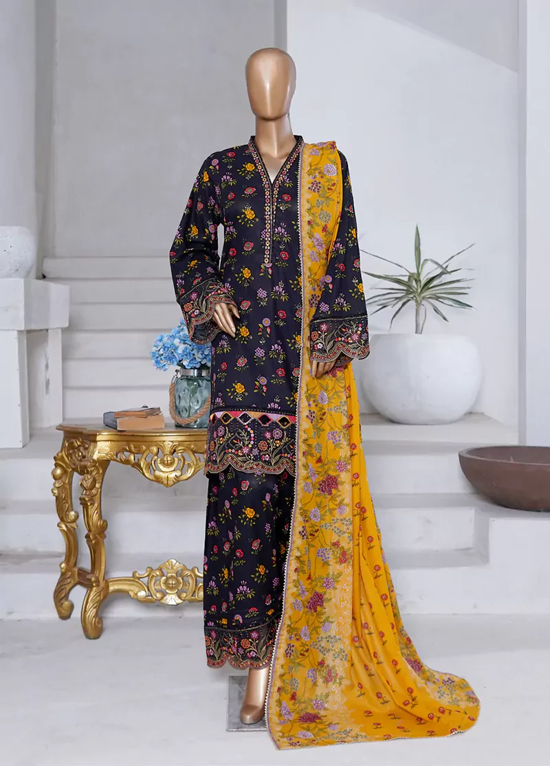 WCEMB-2522-F- 3 Piece Embroidered Cotton Stitched Suit